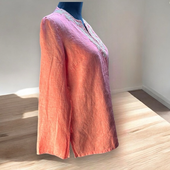 Lands’ End S Coral Linen Tunic Top Boho Embroidered Henley - Picture 2 of 10